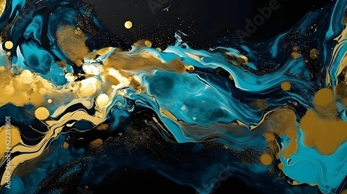 AI generated illustration of an abstract gold and blue painting on canvas