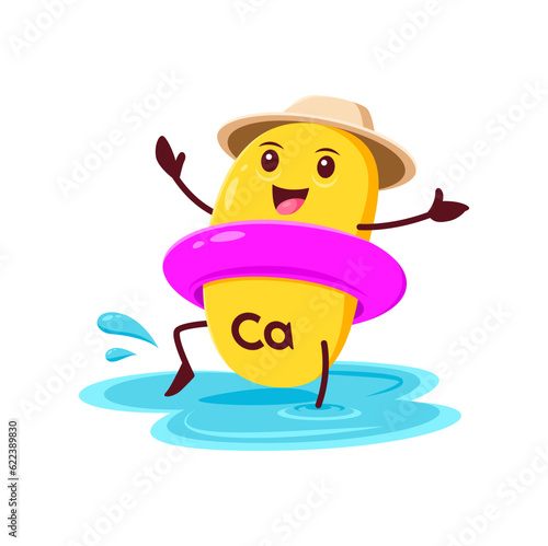 Cartoon Calcium micronutrient character on summer beach with floater ring. Vector Ca supplement capsule personage wearing hat splashing in sea or pool. Isolated smiling pill enjoying holiday time