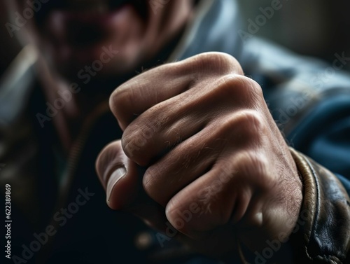 AI generated illustration of a man with a strong, muscular build demonstrating his fist