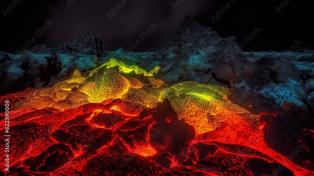 AI generated illustration of a colorful lava on the rocky surface