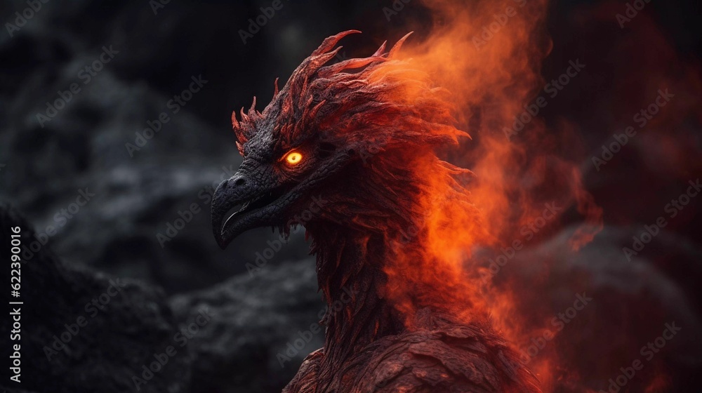 AI generated illustration of a flaming red phoenix on the background of rocks and lava
