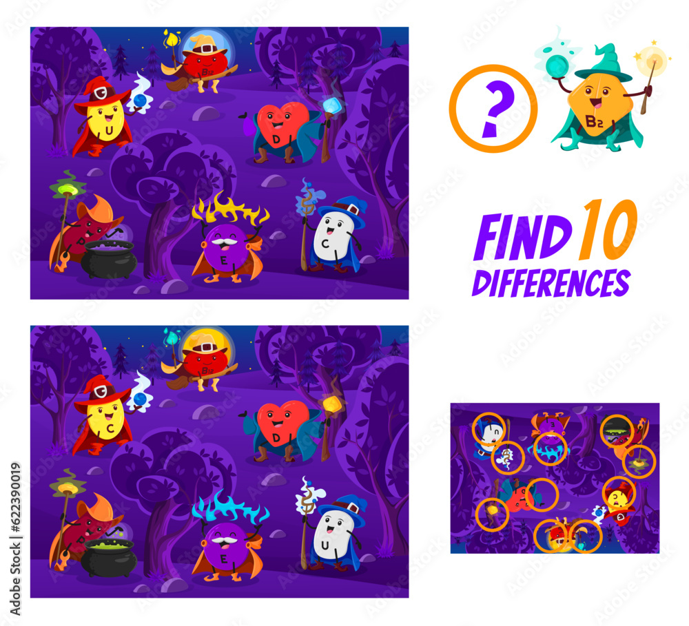 Find ten differences. Cartoon vitamin wizards and mages in night forest. Kids vector game worksheet with U, B12, P, D, E and C capsule warlock characters. Educational children riddle, activity page - obrazy, fototapety, plakaty 