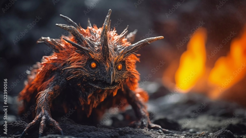 AI generated illustration of a demonic figure in a molten lava, surrounded by volcanic rocks AI generated illustration of a demonic figure in a molten lava, surrounded by volcanic rocks
