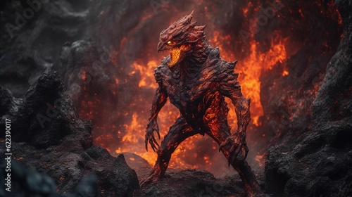 AI generated illustration of a demonic figure in a molten lava, surrounded by volcanic rocks