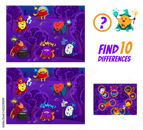Find ten differences. Cartoon vitamin wizards and mages in night forest. Kids vector game worksheet with U, B12, P, D, E and C capsule warlock characters. Educational children riddle, activity page