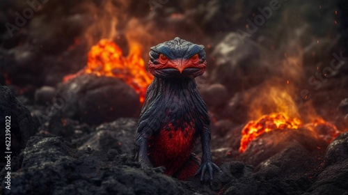 AI generated illustration of a demonic bird in a molten lava, surrounded by volcanic rocks