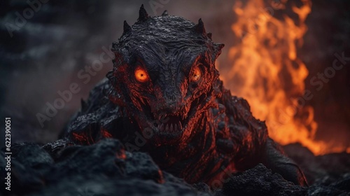 AI generated illustration of a demonic figure in a molten lava, surrounded by volcanic rocks