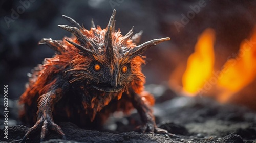 AI generated illustration of a demonic figure in a molten lava  surrounded by volcanic rocks
