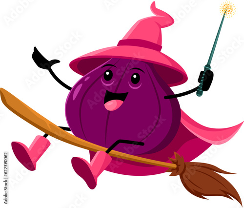 Cartoon figs fruit wizard or magician character riding broomstick. Funny vector magic Halloween personage in hat flying on wooden broom. Smiling tropical fruit wiz or sorcerer hurry for coven party