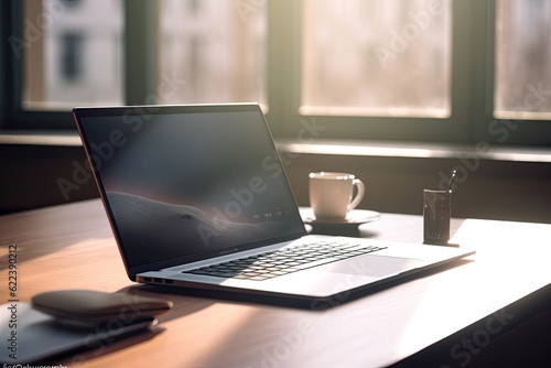 AI generated illustration of a modern laptop computer and coffee on a wooden desk