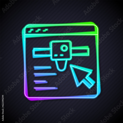 Glowing neon line 3D printer setting icon isolated on black background. 3d printing. Vector