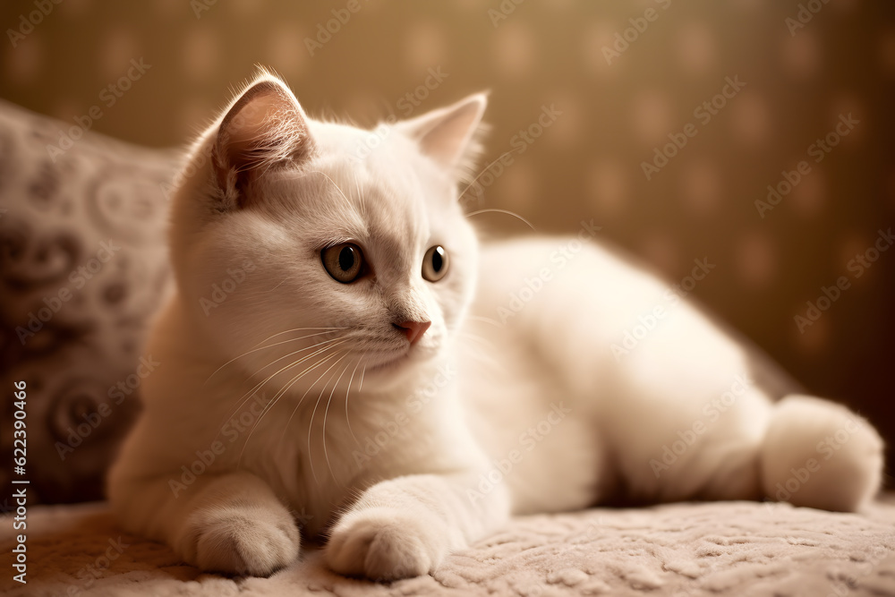 AI-generated illustration of an adorable white kitten lying atop a soft cushion.