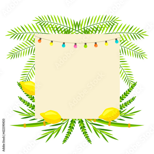 Happy Sukkot greeting card. Holiday background with Jewish festival traditional symbols.