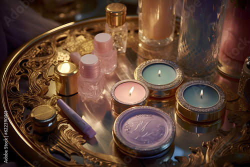 AI-generated illustration of a selection of beauty products and candles.