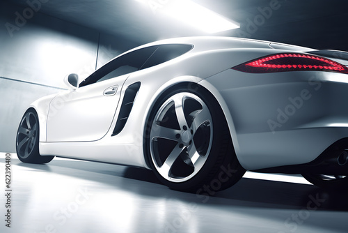 AI-generated illustration of a white sports car illuminated from the rear.