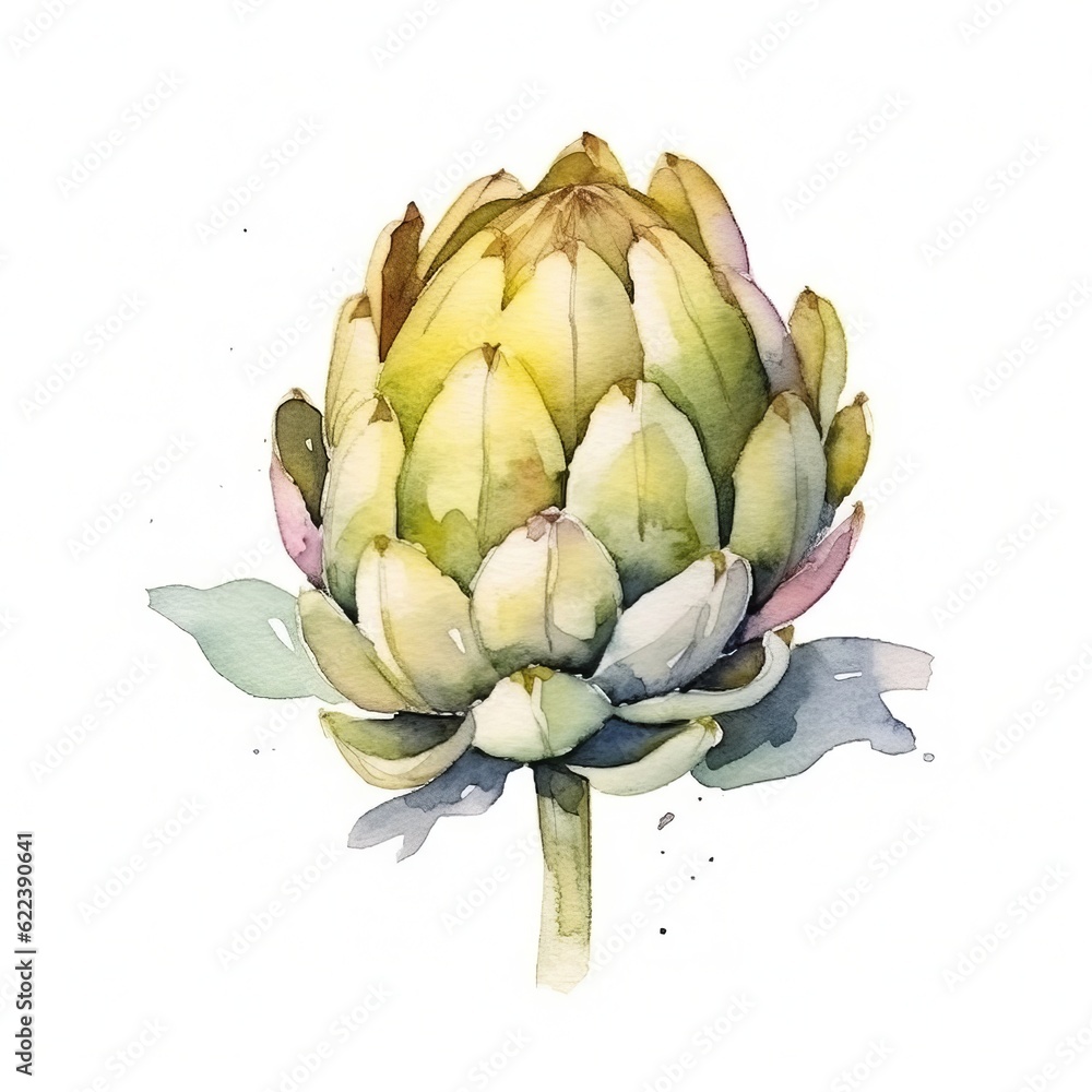 Fototapeta premium Fresh Organic Artichoke Vegetable Background, Square Watercolor Illustration. Healthy Vegetarian Diet. Ai Generated Soft Colored Watercolor Illustration with Delicious Juicy Artichoke Vegetable.