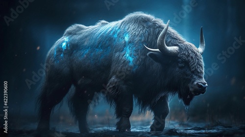 AI generated illustration of a monster bison with large, blue horns in a mysterious environment