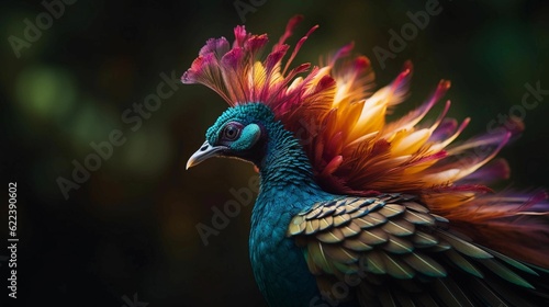 AI generated illustration of a peacock, its feathers starkly contrasting the night sky background