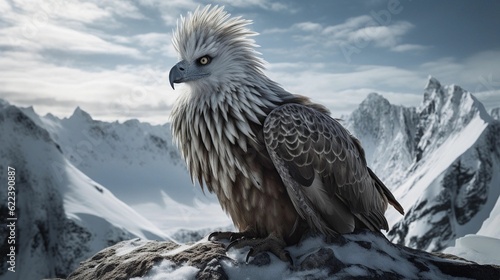 AI generated illustration of a majestic eagle perched on rocky mountain, surrounded by green foliage