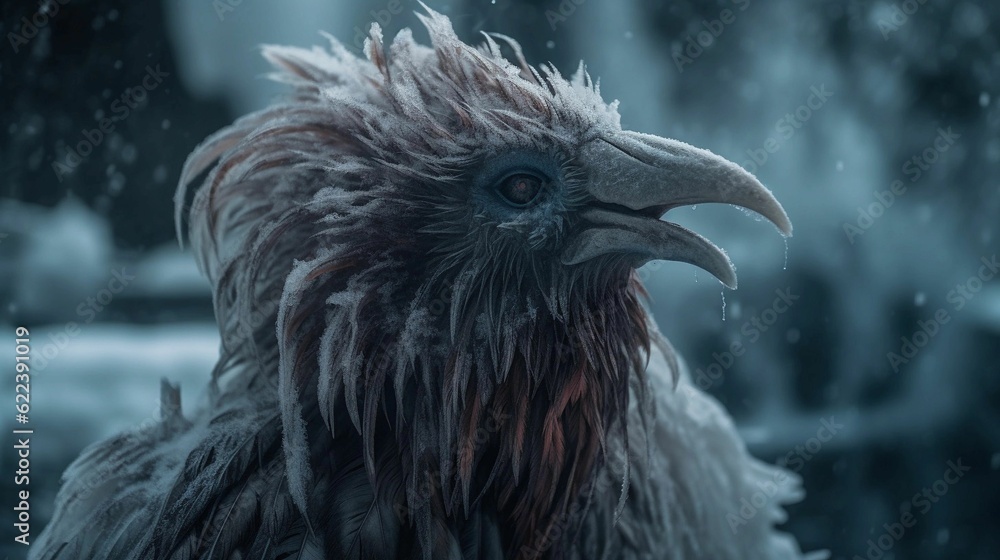 Obraz premium AI generated illustration of a mythical fictitious monster character with fur in a snowy landscape