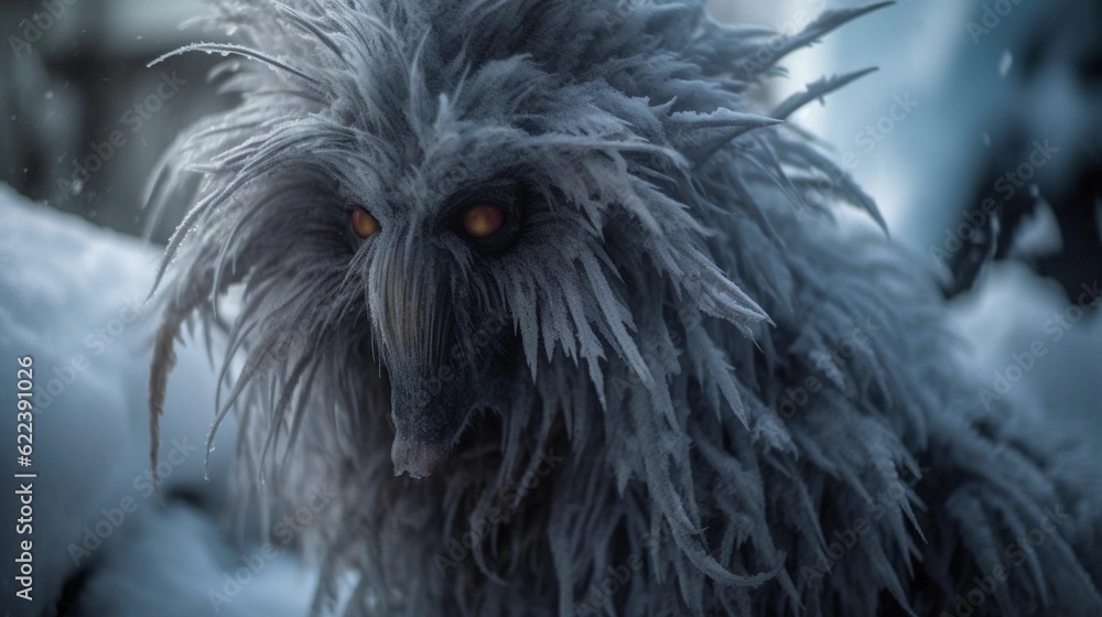 AI generated illustration of a mythical fictitious monster character with fur in a snowy landscape AI generated illustration of a mythical fictitious monster character with fur in a snowy landscape