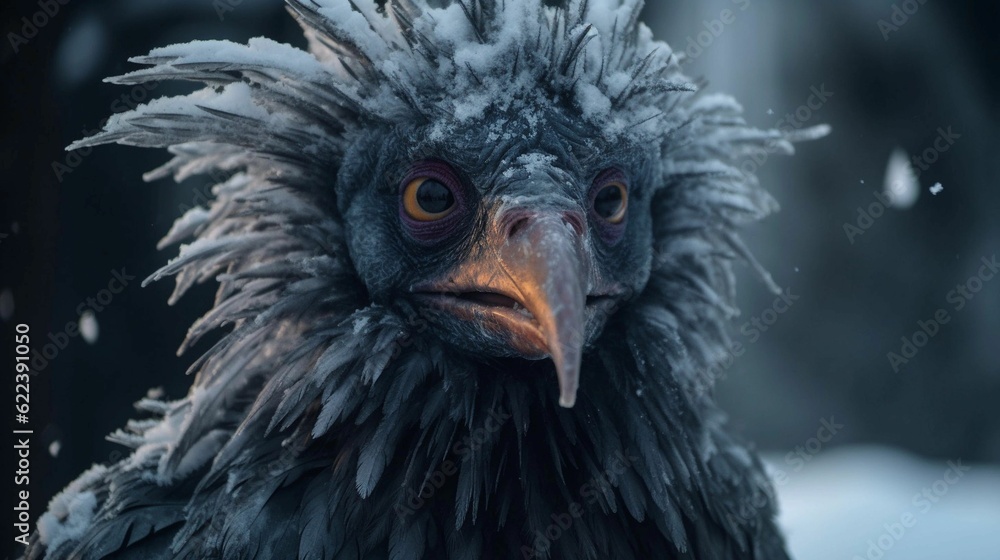 Fototapeta premium AI generated illustration of a mythical fictitious monster character with fur in a snowy landscape