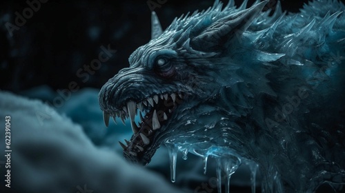 AI generated illustration of a mythical fictitious monster character with fur in a snowy landscape