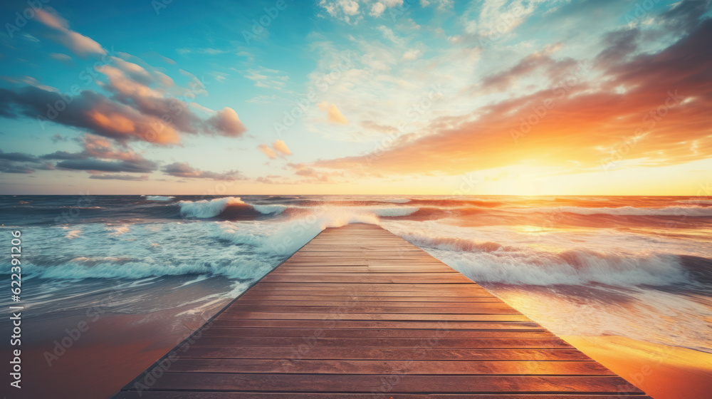 wooden pier or jetty on beach with wave at sunset. summer and vacation