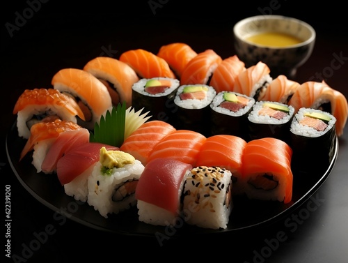 AI generated illustration of A plate of freshly prepared sushi