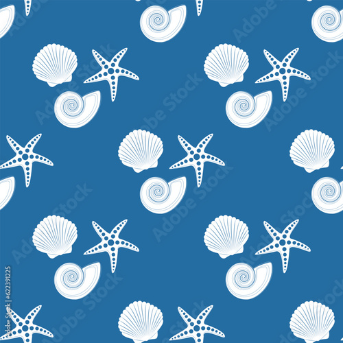 Vector seamless pattern on a blue background. Seashells and a starfish in the cartoon style. Summer, beach.