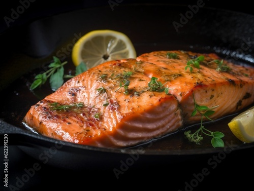 AI generated illustration of a cooked piece of salmon served with a lemon and parsley garnish