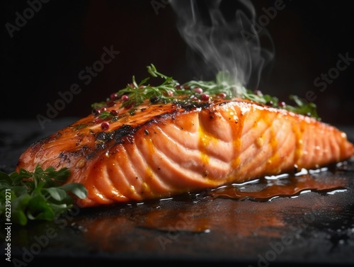a salmon fillet barbecueing on a grill © Mew1/Wirestock Creators