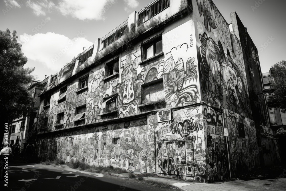 AI generated illustration of an abandoned residential building covered in graffiti - grayscale