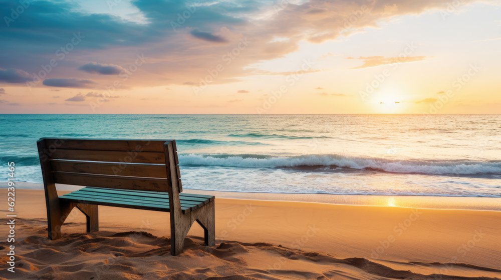 wooden bench on beach at sunset. summer and vacation