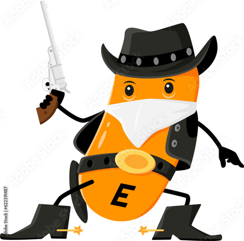 Cartoon vitamin E, Wild West robber character with shotgun, vector Western bandit. Kids funny cute vitamin E mascot in cowboy hat and Texas bandit neckerchief bandana as Wild West robber