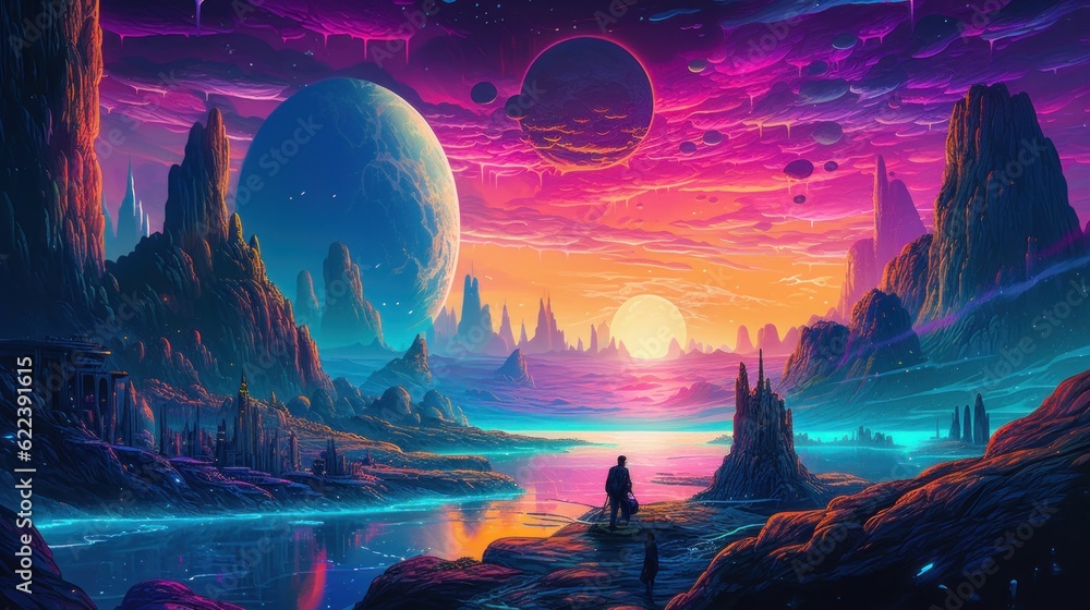 a man is standing on the edge of a cliff watching planets a man is standing on the edge of a cliff watching planets