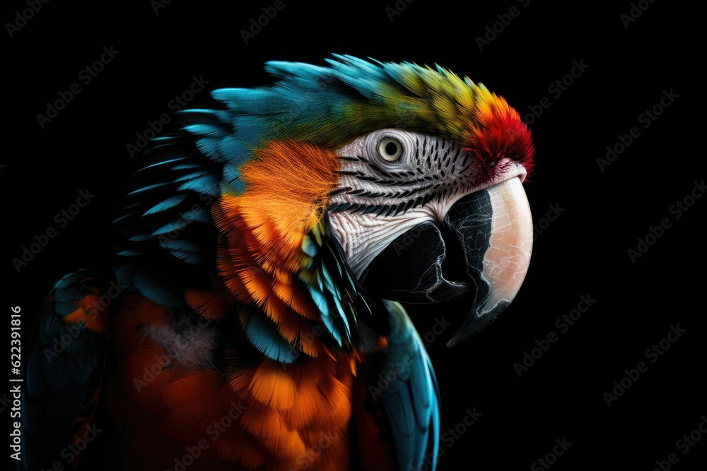 AI generated illustration of a beautiful colorful parrot against a dark background