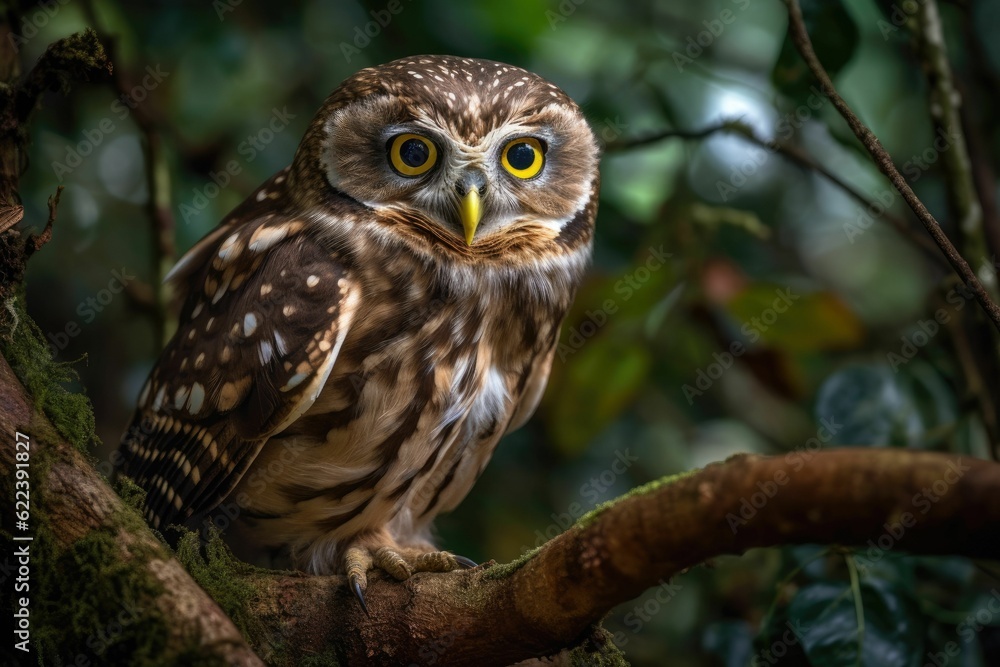 AI generated illustration of an owl with yellow eyes perched on a tree AI generated illustration of an owl with yellow eyes perched on a tree