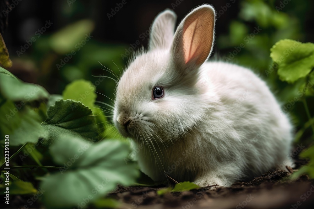 AI generated illustration of a white rabbit on a tree in a forest with a blurry background AI generated illustration of a white rabbit on a tree in a forest with a blurry background