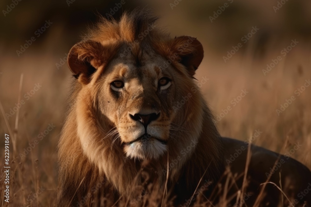 AI generated illustration of a majestic African lion in a grassy field