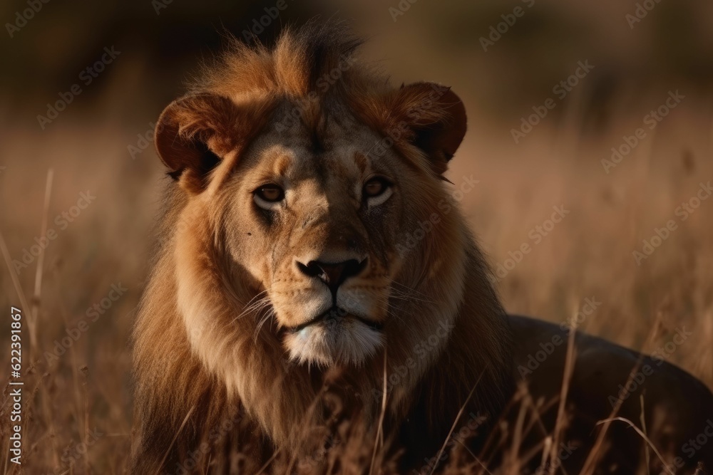 AI generated illustration of a majestic African lion in a grassy field AI generated illustration of a majestic African lion in a grassy field