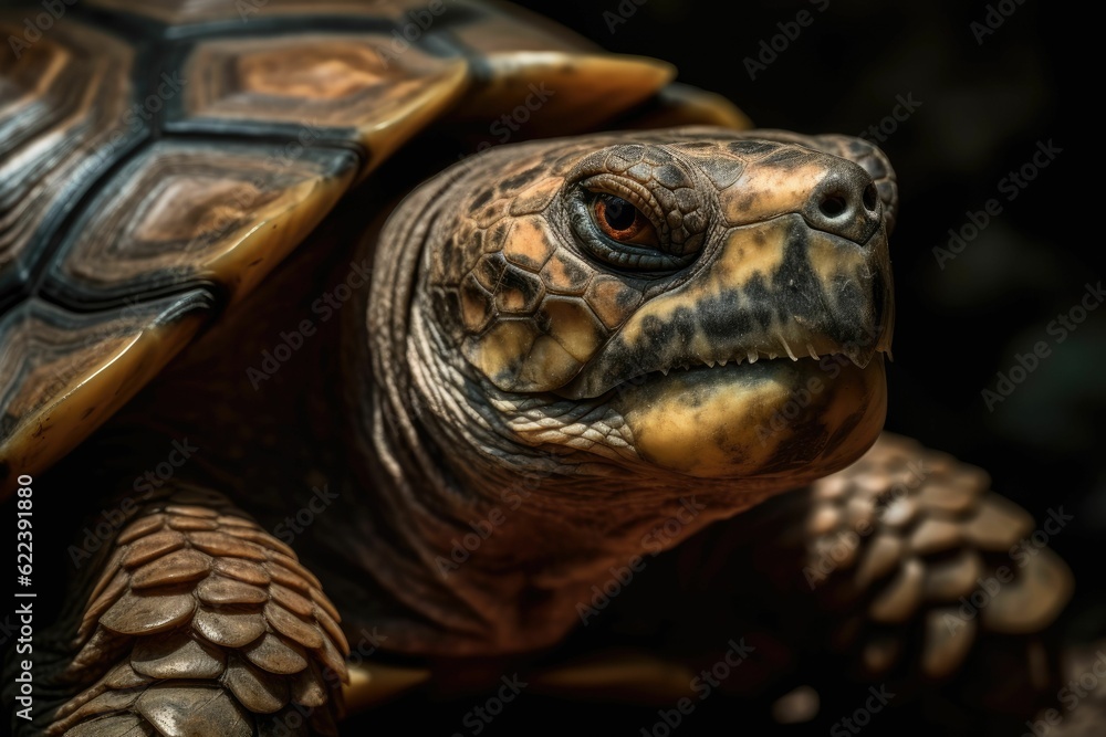 AI generated illustration of a small turtle in a field with a blurry background