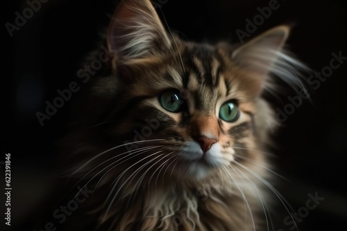AI generated illustration of a beautiful cat with bright green eyes against a dark background