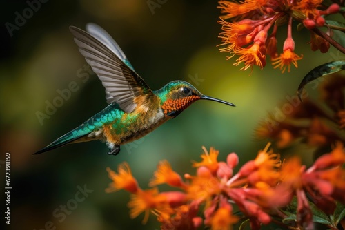 AI generated illustration of a hummingbird flying near flowers in a field © Artdirection/Wirestock Creators