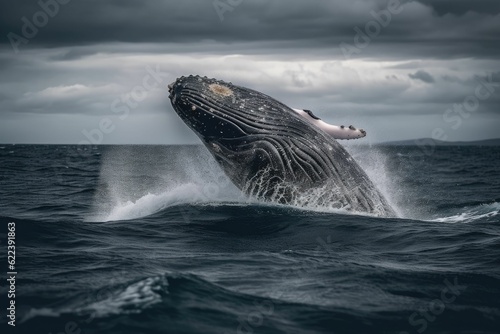 AI generated illustration of a humpback whale breaching the ocean's surface © Artdirection/Wirestock Creators