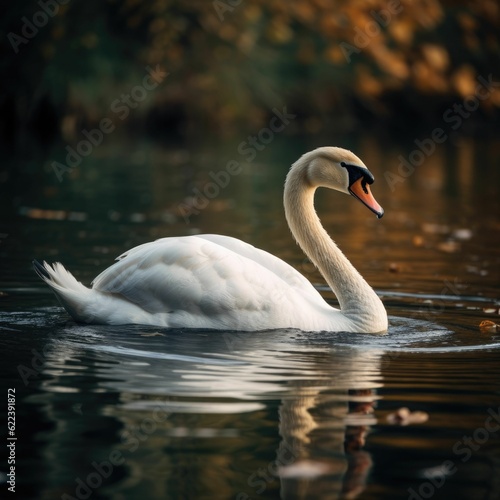 AI generated illustration of a white swan on a lake in a forest