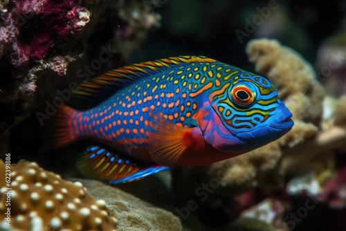 AI-generated illustration of a vibrant fish swimming amongst a picturesque coral reef