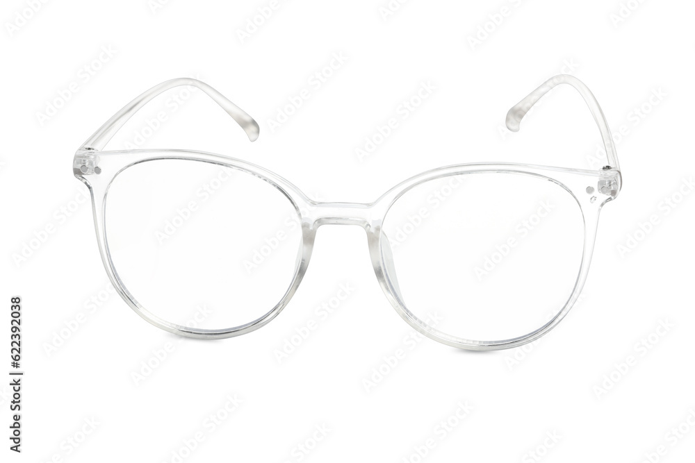 Stylish glasses with transparent frame isolated on white Stylish glasses with transparent frame isolated on white