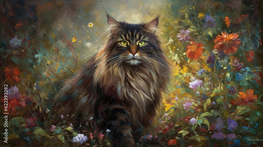 AI generated illustration of A painting of a cat sitting surrounded by colorful blooming flowers