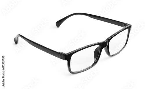 Stylish glasses with black frame isolated on white